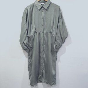 Ludovica Green Satin Button Down Shirt Dress Size M